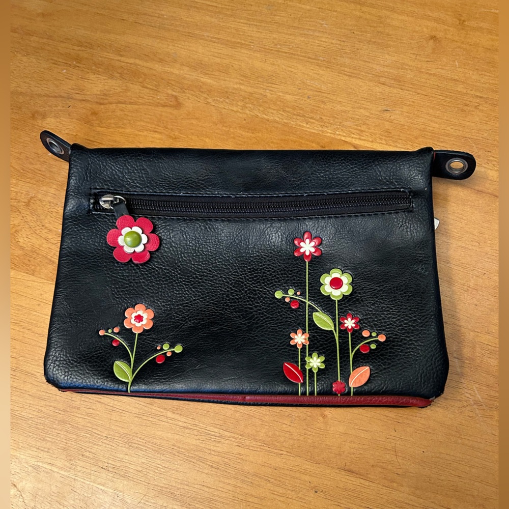 Espe Floral Embellished Black Vegan Leather Clutch